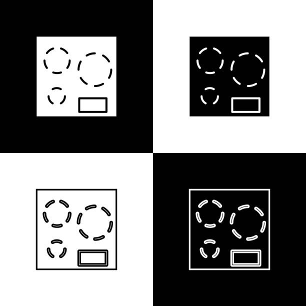 ilustrações de stock, clip art, desenhos animados e ícones de set electric stove icon isolated on black and white background. cooktop sign. hob with four circle burners. vector illustration - natural gas flame fuel and power generation heat