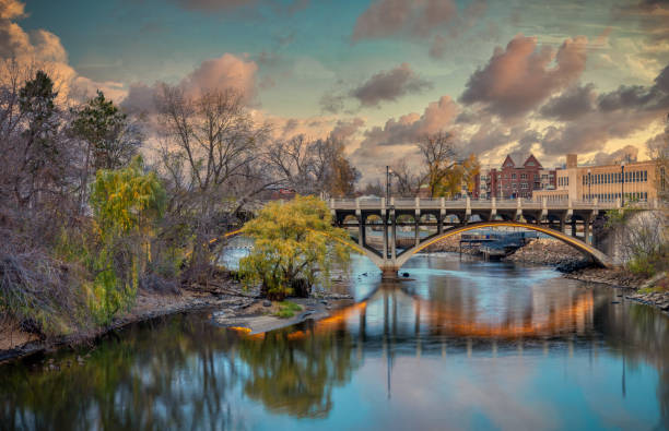 istock Reflection in river small town USA 1254616690