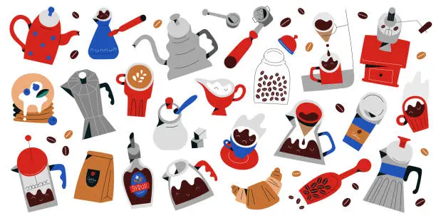 Vector illustration of Big coffee set, hand drawn icons, tools, utensils for coffee drinks preparation and brewing, cups and mugs, pots and desserts, isolated objects, flat illustrations, doodle collection