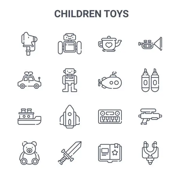 Vector illustration of set of 16 children toys concept vector line icons. 64x64 thin stroke icons such as droid, toy car, markers, keyboard, sword, slingshot, fairytale, submarine, trumpet