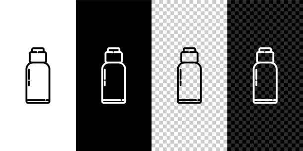 ilustrações de stock, clip art, desenhos animados e ícones de set line canteen water bottle icon isolated on black and white background. tourist flask icon. jar of water use in the campaign. vector illustration - military canteen