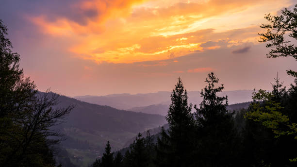 istock Germany, Dramatic red sky sunset over endless silhouette of black forest nature landscape, aerial view from above 1254620948