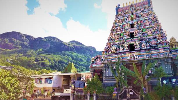 Victoria/Seychelles - April 11, 2017: Colourful and highly decorated Hindu temple in Victoria, Seychelles