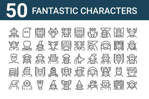 ilustraciones, imágenes clip art, dibujos animados e iconos de stock de conjunto de 50 fantásticos iconos de caracteres. delinear iconos de línea delgada como elfo, boogeyman, zeus, alienígena, demonio, fantasma, anubis - aliens and cowboys