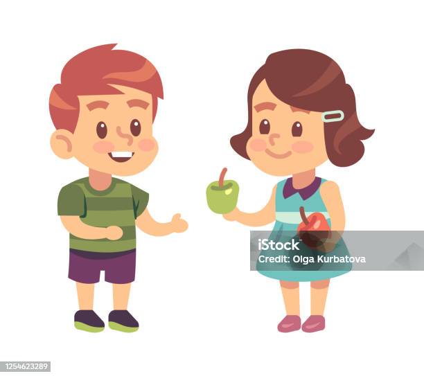 Kids Good Manners Cartoon Girl Shares Apple With Boy Children Respectful  And Thankful Behavior Symbol Of Friendship Flat Vector Isolated  Illustration Stock Illustration - Download Image Now - iStock