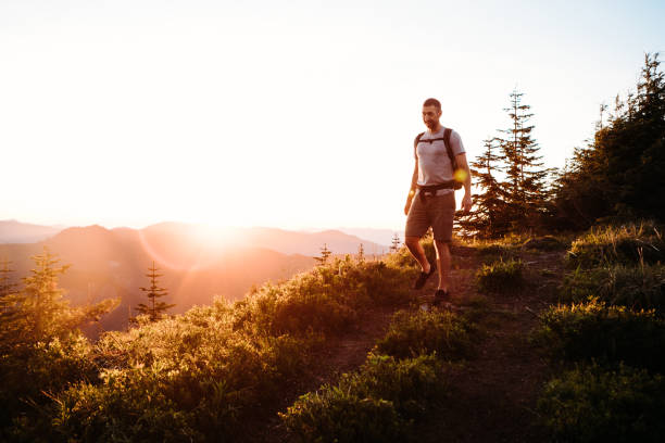 istock Man Hiking In Pacific Northwest Mountains at Sunset 1254627448