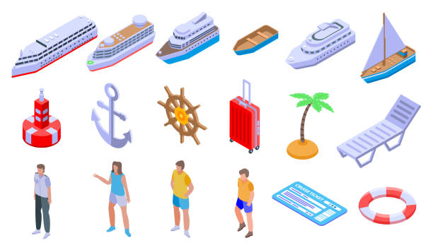 illustrazioni stock, clip art, cartoni animati e icone di tendenza di set icone crociera, stile isometrico - isometric nautical vessel yacht sailboat