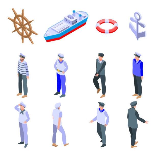Sailor icons set, isometric style Sailor icons set. Isometric set of sailor vector icons for web design isolated on white background crewmembers stock illustrations