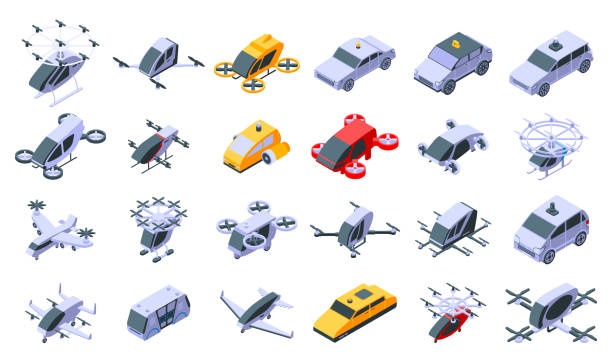 Unmanned taxi icons set, isometric style Unmanned taxi icons set. Isometric set of unmanned taxi vector icons for web design isolated on white background drone stock illustrations