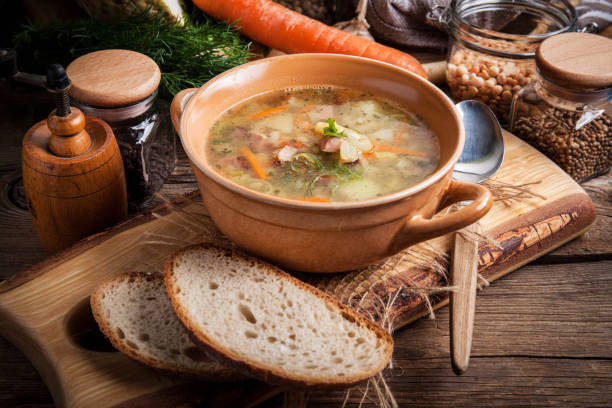 istock Pea soup with vegetables and bacon. 1254629891