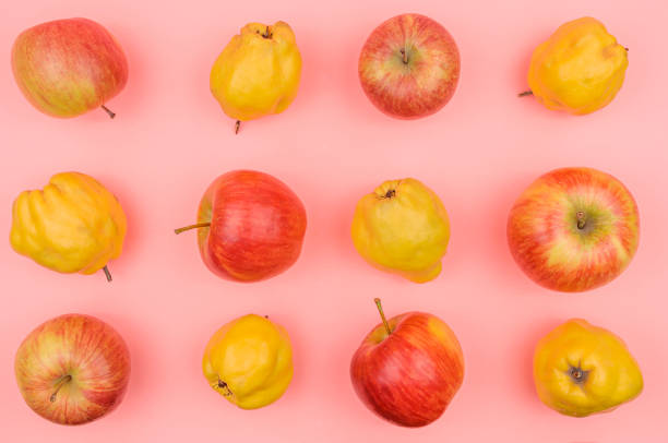 istock Apples and quince on a pink background. 1254631306