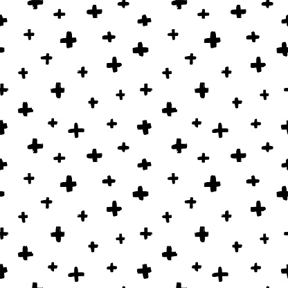 Black crosses vector seamless pattern. Hand drawn cross and plus sign. Black paint brush strokes geometrical pattern for wallpaper, web page background, textile design, graphic design.