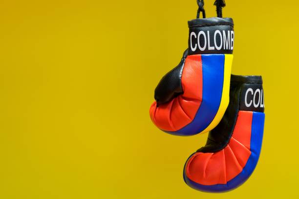 Replica boxing gloves with Columbia label and Country colors. Replica boxing gloves with Columbia label and Country colors hanging in front of a plain yellow background. Fighting concept with copy space. minimumweight stock pictures, royalty-free photos & images