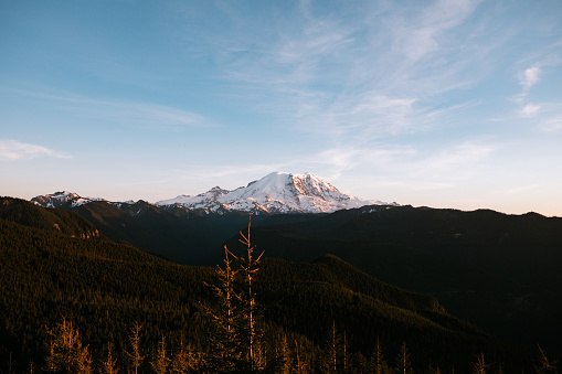 A stunning landscape view of the mountain in Mount Rainier national park on a clear sunny day, the setting sun casting warm colors on the crisp scene.  Part of the natural beauty of the Pacific Northwest in Washington state, USA.