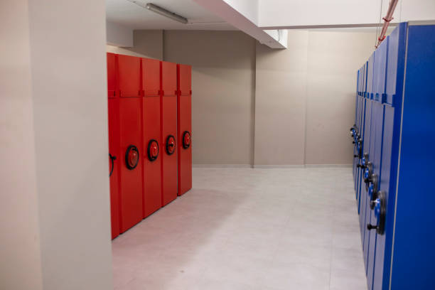 istock Red and blue archive cabinet 1254637577