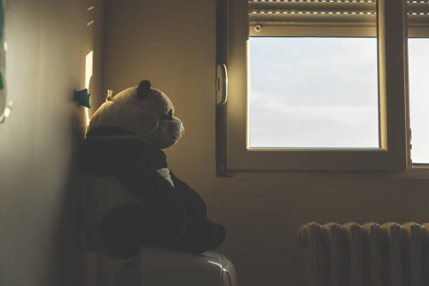 Stuffed plush panda bear toy with protective face mask during coronavirus home isolation
