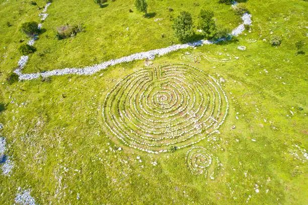 Celestial Labyrinths stone mazes high in mountains above Novi Vinodolski aerial view, tourist attraction in Kvarner region of Croatia