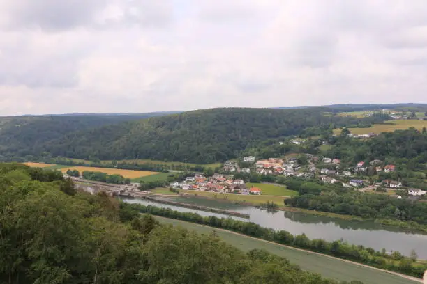 Kelheim, June 16, 2020: View of the city of Kelheim in Lower Bavaria from the Liberation Hall on the Michelsberg in Kelheim