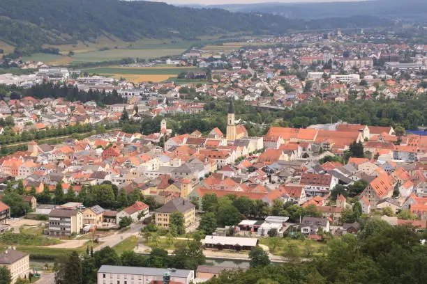 Kelheim, June 16, 2020: View of the city of Kelheim in Lower Bavaria from the Liberation Hall on the Michelsberg in Kelheim