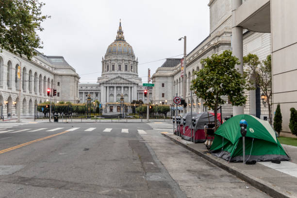 Wide view of the iconic San Francisco City Hall under a cloudy sky. The image features a symmetrical composition, trimmed trees, American flags, and neoclassical architecture. The square is empty, highlighting the peaceful urban atmosphere and the historical significance of the building. Ideal for concepts such as travel, architecture, government buildings, and landmarks.