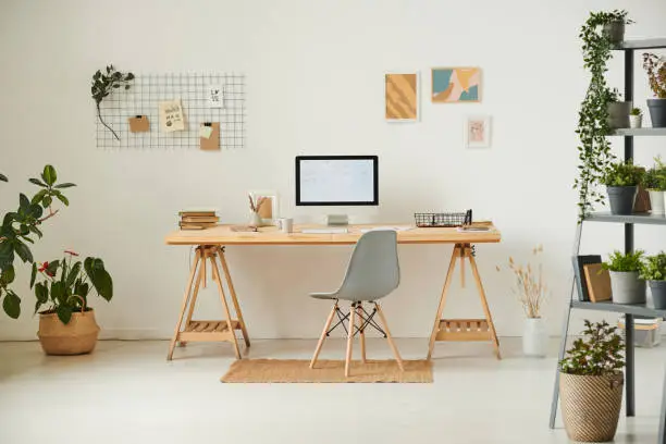 Photo of Comfortable workplace with potted plants, wall organizer, pictures and computer