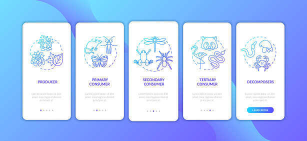 Grazing food chain onboarding mobile app page screen with concepts. Plants, insects, small carnivores walkthrough 5 steps graphic instructions. UI vector template with RGB color illustrations