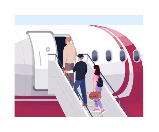 Vector illustration of Boarding airplane semi flat vector illustration. People go on ladder to plane. International transit. Airline transportation. Aeroplane passengers 2D cartoon characters for commercial use