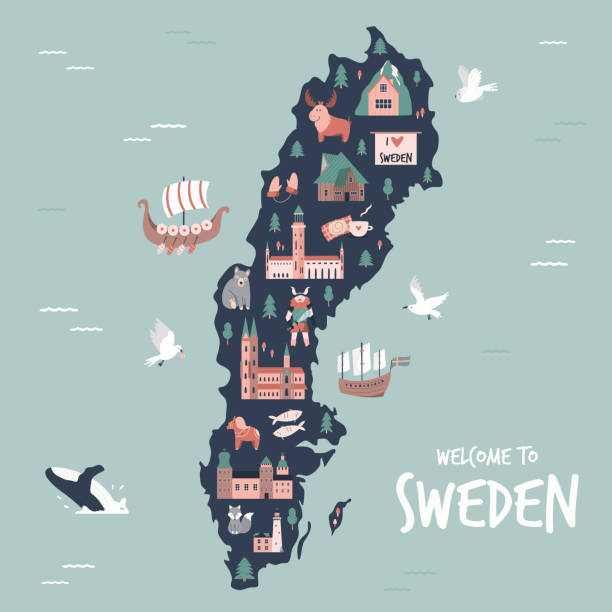 기호, 아이콘, 유명한 목적지, 관광 명소와 스웨덴의 일러스트지도. - sweden map stockholm vector stock illustrations