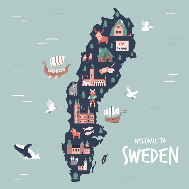 ilustrowana mapa szwecji z symbolami, ikonami, znanymi miejscami docelowymi, atrakcjami. - sweden map stockholm vector stock illustrations