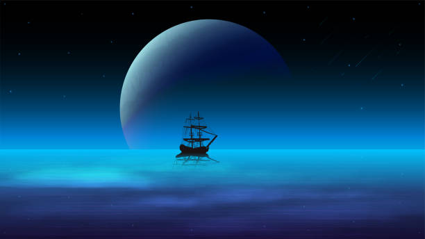 istock Night seascape with a dark sky and a large planet on the horizon, starry sky and a ship in the water on the background of the planet 1254650397