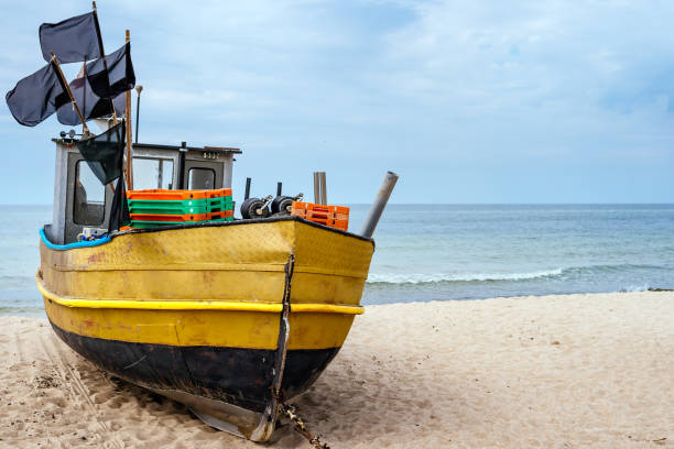 istock Rusty fishing boat and equipment on sandy beach 1254651813