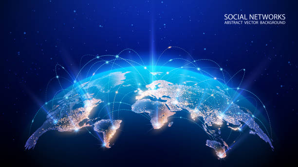 Vector. Map of the planet. World map. Global social network. Future. Blue futuristic background with planet Earth. Internet and technology. Floating blue plexus geometric background. Vector. Map of the planet. World map. Global social network. Future. Blue futuristic background with planet Earth. Internet and technology. Floating blue plexus geometric background. communication communication technology stock illustrations