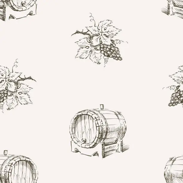 Vector illustration of Seamless pattern of sketches wine cask and grape vine bunch