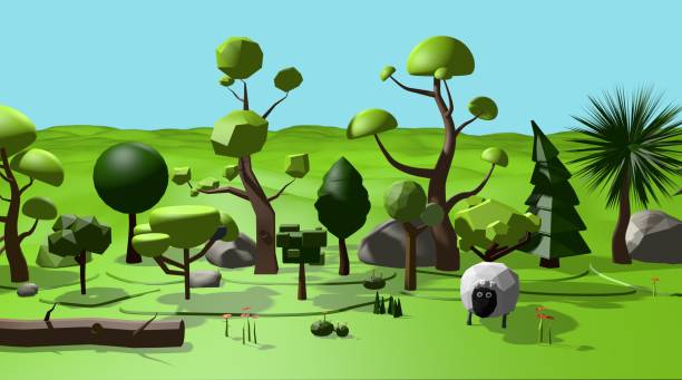 istock Low poly Garden with trees plants and a sheep 1254658342