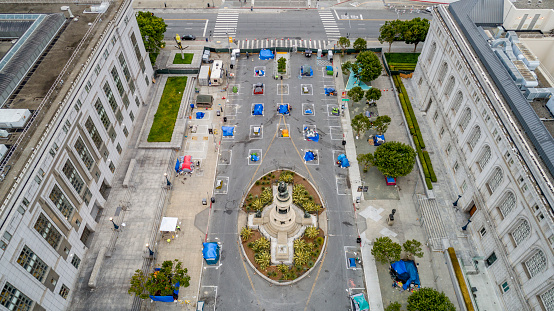 San Francisco California, USA - July 3, 2020: Aerial view of a city sanctioned homeless camp in San Francisco blocks from City Hall.