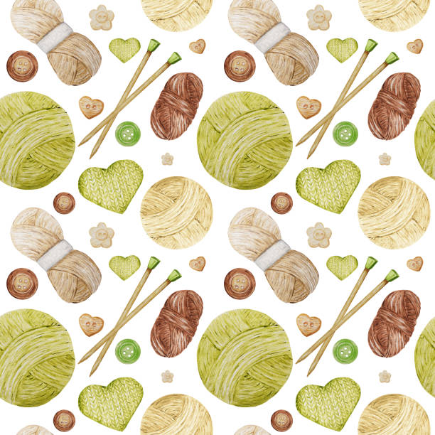 Watercolor Seamless pattern Hobby Knitting. Collection of hand drawn green, beige, brown colors elements of knitting needles, knitted heart and buttons on white background. Watercolor Seamless pattern Hobby Knitting. Collection of hand drawn green, beige, brown colors elements of knitting needles, knitted heart and buttons on white background craft kit stock illustrations