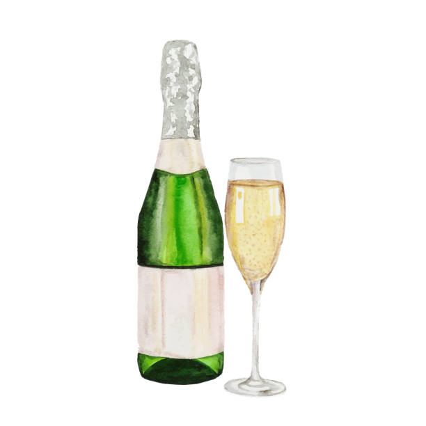 ilustraciones, imágenes clip art, dibujos animados e iconos de stock de botella de champán y copa de champán. acuarela pintura sobre fondo blanco - champagne