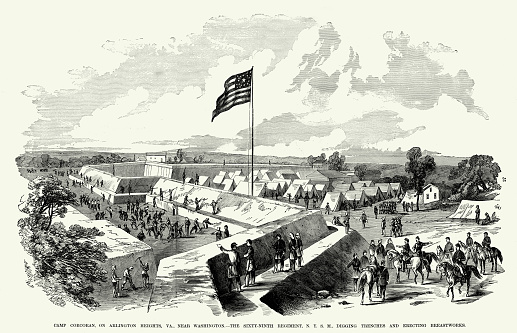 Engraving of the view of the Digging Trenches and Erecting Breastworks at Camp Corcoran on Arlington Heights, Virginia Civil War Engraving from 