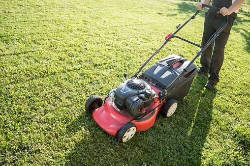 Mature man pushing a lawnmower round a lawn in front of cottage.