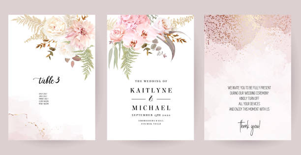 Dusty pink and ivory beige rose, pale hydrangea, fern, dahlia, ranunculus, fall leaf Dusty pink and ivory beige rose, pale hydrangea, fern, dahlia, ranunculus, fall leaf bunch of flowers invitation card. Floral pastel watercolor style wedding frame. Bronze gold. Isolated and editable pink flowers stock illustrations