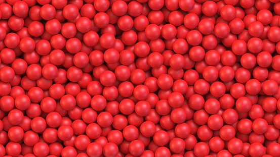 Red balls background. Pile of red toy balls. Realistic vector background
