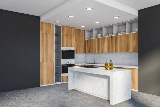 istock Grey and wooden kitchen corner with island 1254672978