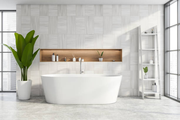 istock White wooden bathroom interior with tub 1254674919