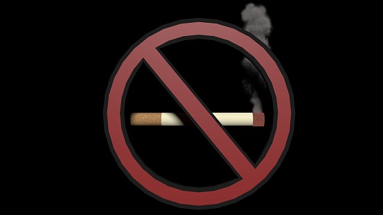 lit cigarette with a no symbol in front and a black background