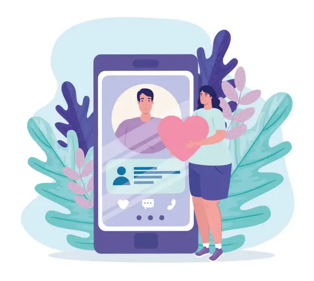 Vector illustration of online dating service application, smartphone with man profile, mujer with heart, modern people looking for couple, social media, virtual relationship communication concept