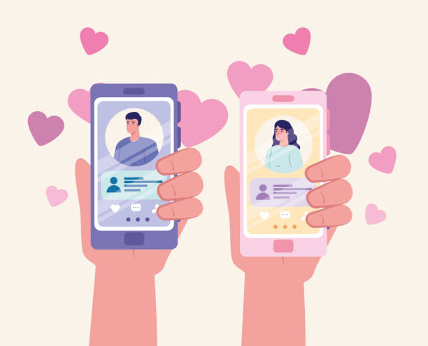 istock online dating service application, hands holding smartphone with man and woman profiles, modern people looking for couple, social media, virtual relationship communication concept 1254675727