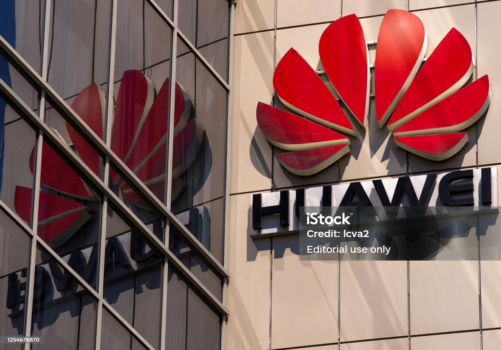 Huawei logo, in Bucharest, Romania. Bucharest, Romania -  June 25, 2020: A logo of Huawei, Chinese telecommunications equipment company, is displayed on the top of a building, in Bucharest, Romania. Huawei Stock Photo