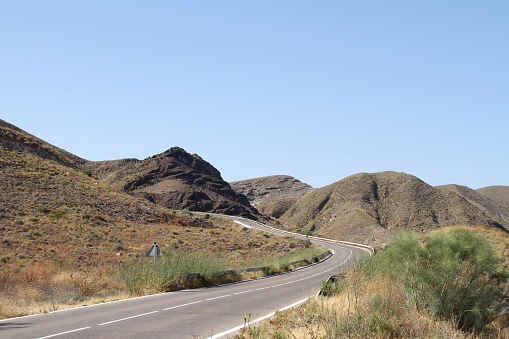Desert and mountainous landscape of the Natural Park of Cabo de Gata Níjar, coast of Almeria in the surroundings of Agua Amarga, Isleta del Moro, Rodalquilar and Las Negras.