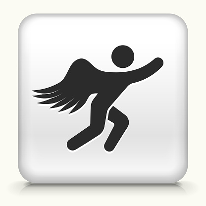 Flying Man Angel Icon. This 100% royalty free vector illustration is featuring the square button with a drop shadow and the main icon is depicted in black. The button had a slight bevel 3D effect.