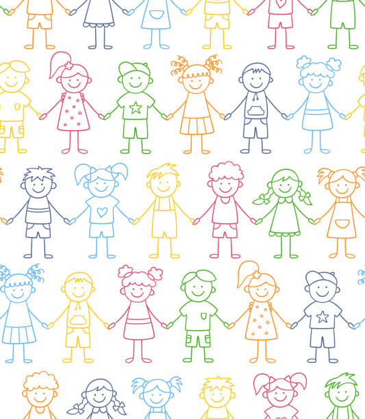 ilustraciones, imágenes clip art, dibujos animados e iconos de stock de patrón sin costuras de niños divertidos cogidos de la mano. concepto de amistad. niños lindos doodle - niña y niño libro para colorear